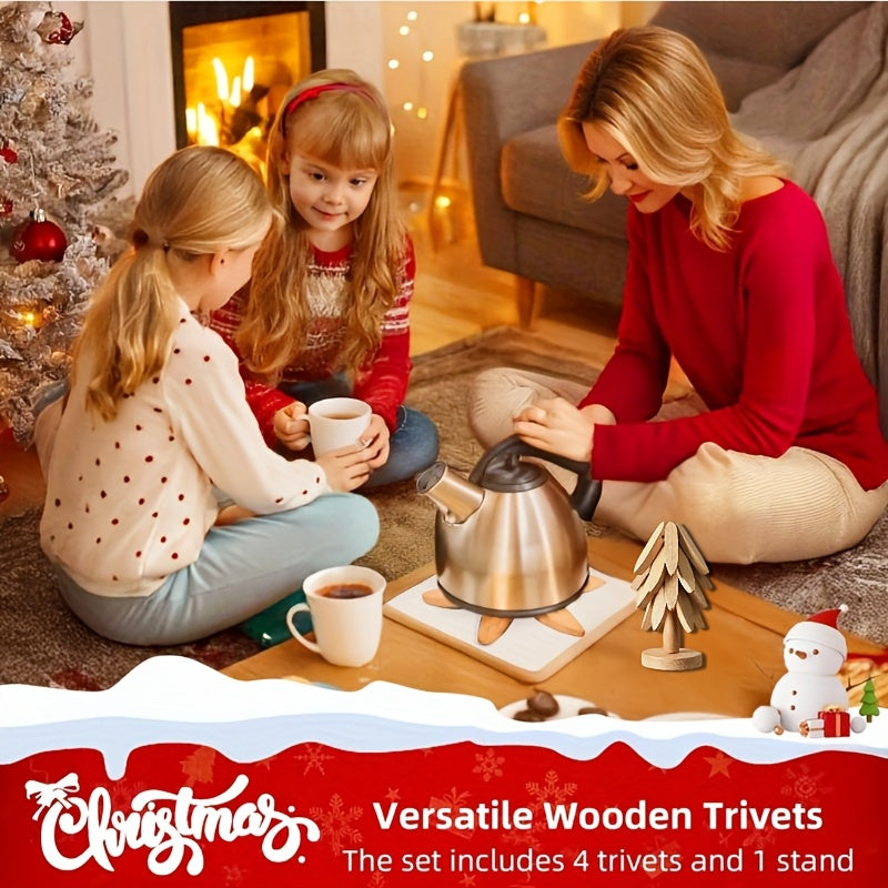 Set van 4 bamboe houten boomvormige trivets voor hete gerechten - Decoratieve keuken- en eetkamer tafeldecoratie, perfect voor potten, pannen en hete casserolen, hittebestendig, duurzaam en stijlvol ontwerp, keukenaccessoires