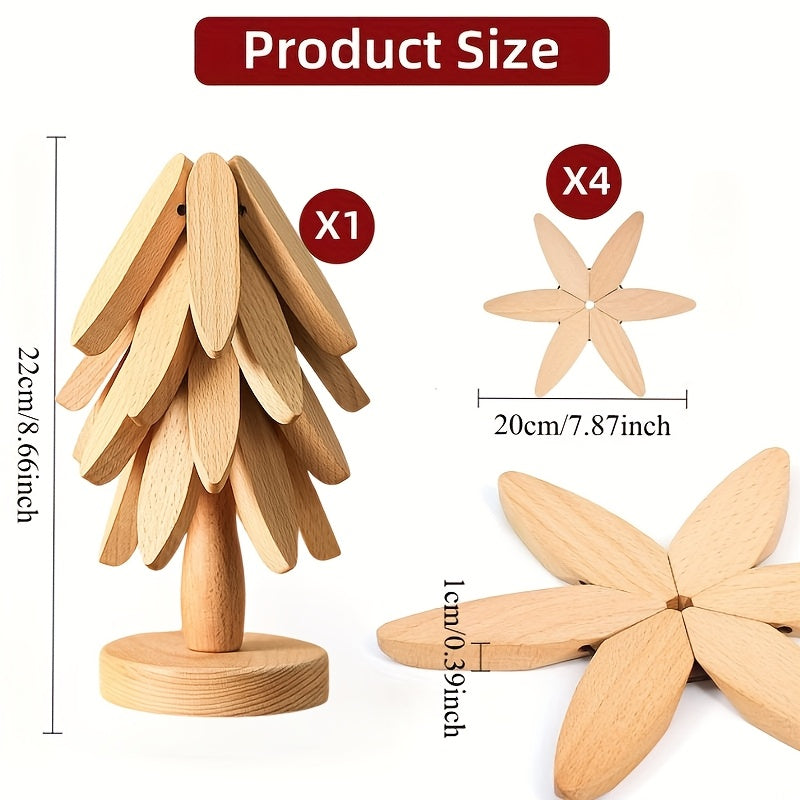 Set van 4 bamboe houten boomvormige trivets voor hete gerechten - Decoratieve keuken- en eetkamer tafeldecoratie, perfect voor potten, pannen en hete casserolen, hittebestendig, duurzaam en stijlvol ontwerp, keukenaccessoires