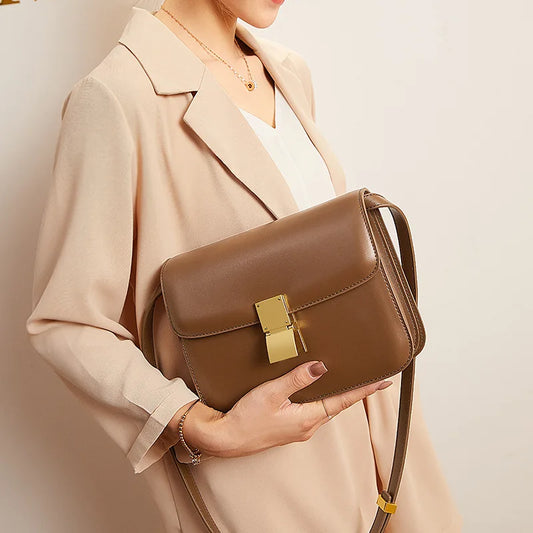 Echt leren vrouwentas – retro vierkante handtas en crossbody