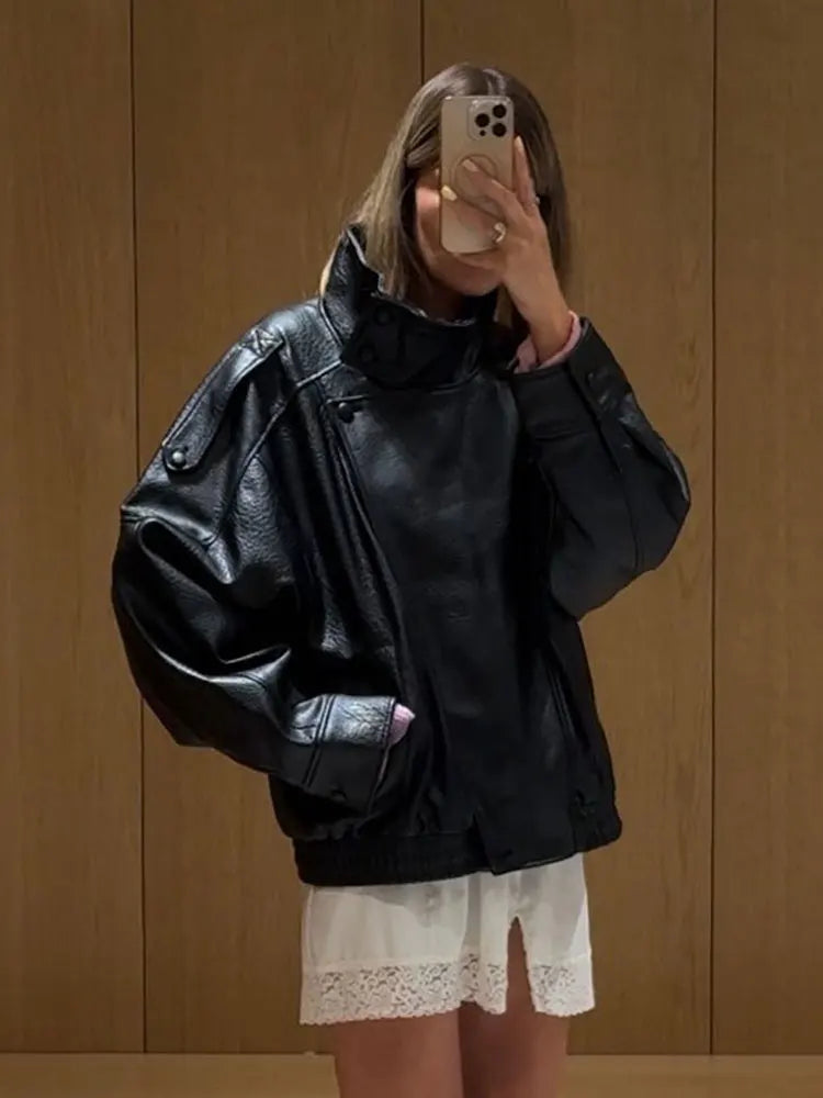 HH Herfst Dames Street Fashion Losse leren jas Lange mouwen Coltrui Rits met zakken Asymmetrische vintage jassen2025-10-03 20:14:55