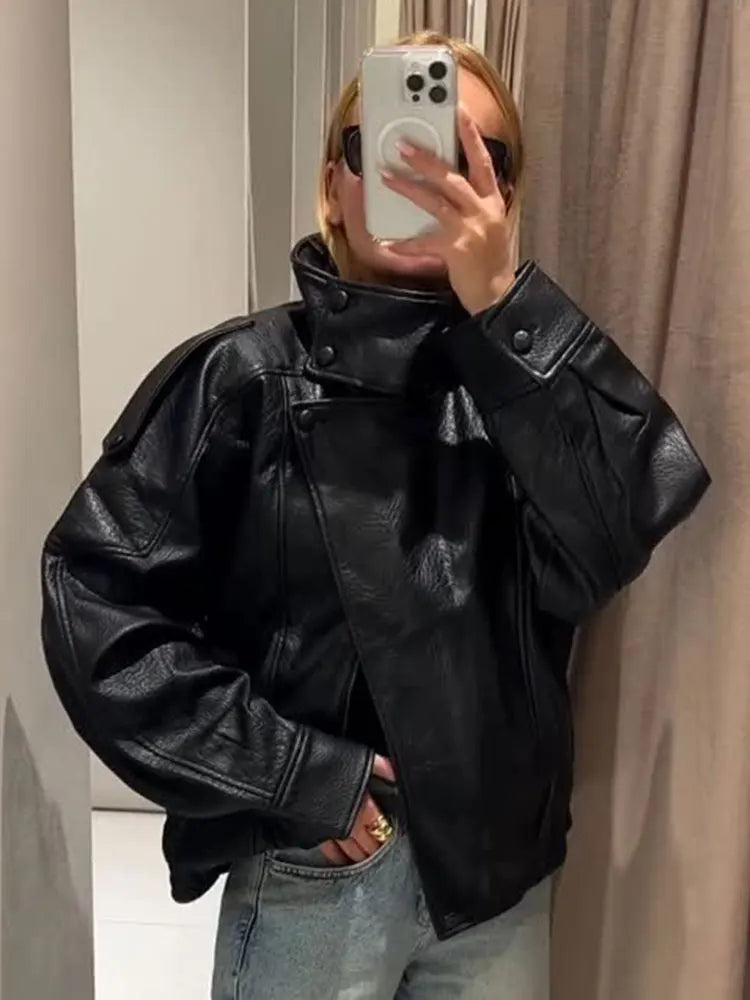 HH Herfst Dames Street Fashion Losse leren jas Lange mouwen Coltrui Rits met zakken Asymmetrische vintage jassen2025-10-03 20:14:55