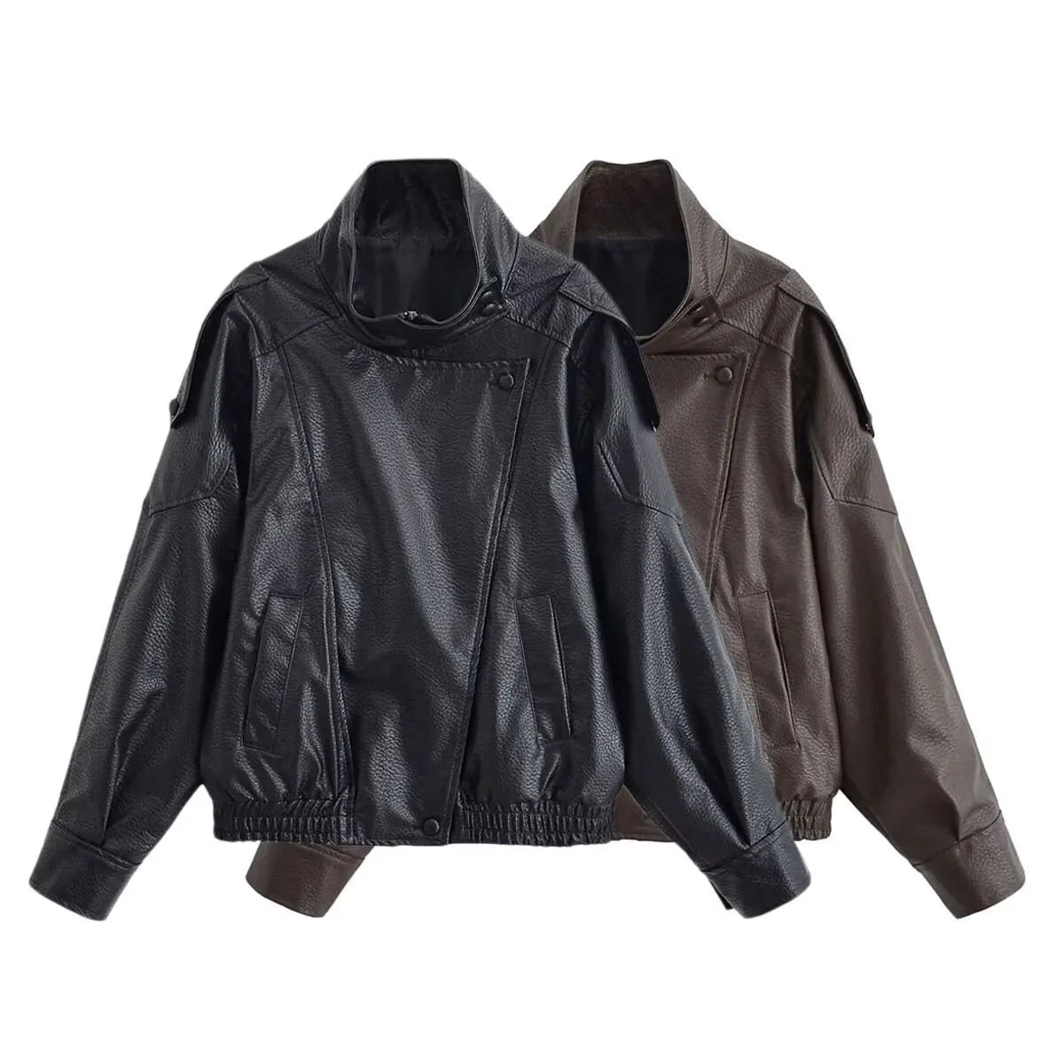 HH Herfst Dames Street Fashion Losse leren jas Lange mouwen Coltrui Rits met zakken Asymmetrische vintage jassen2025-10-03 20:14:55