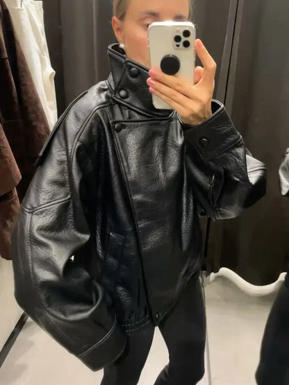 HH Herfst Dames Street Fashion Losse leren jas Lange mouwen Coltrui Rits met zakken Asymmetrische vintage jassen2025-10-03 20:14:55