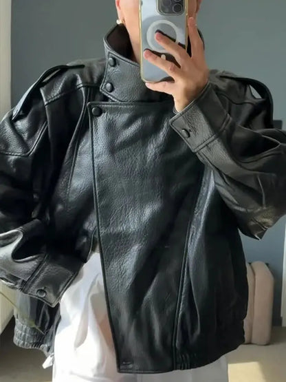 HH Herfst Dames Street Fashion Losse leren jas Lange mouwen Coltrui Rits met zakken Asymmetrische vintage jassen2025-10-03 20:14:55