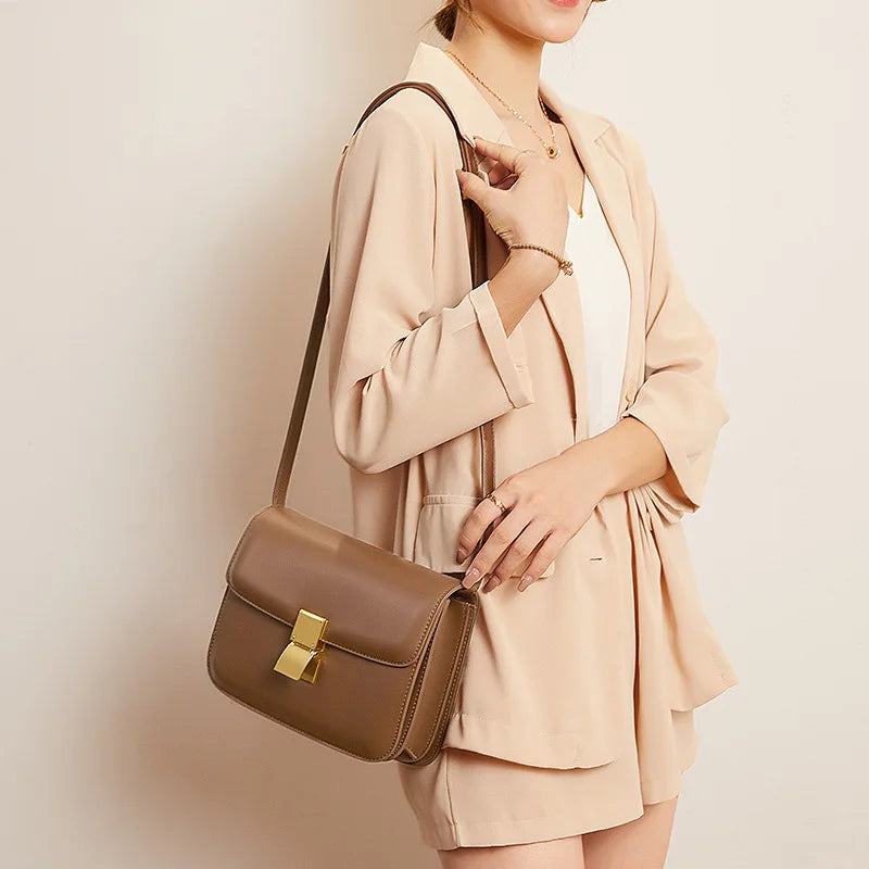 Echt leren vrouwentas – retro vierkante handtas en crossbody