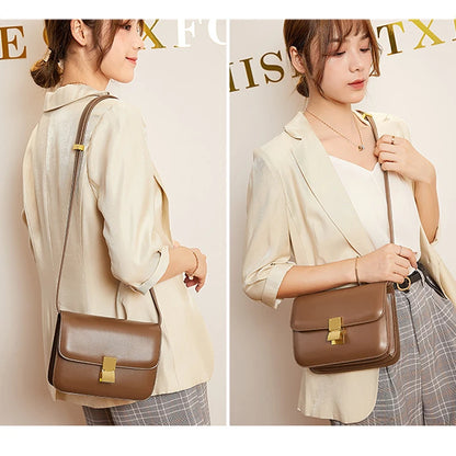 Echt leren vrouwentas – retro vierkante handtas en crossbody